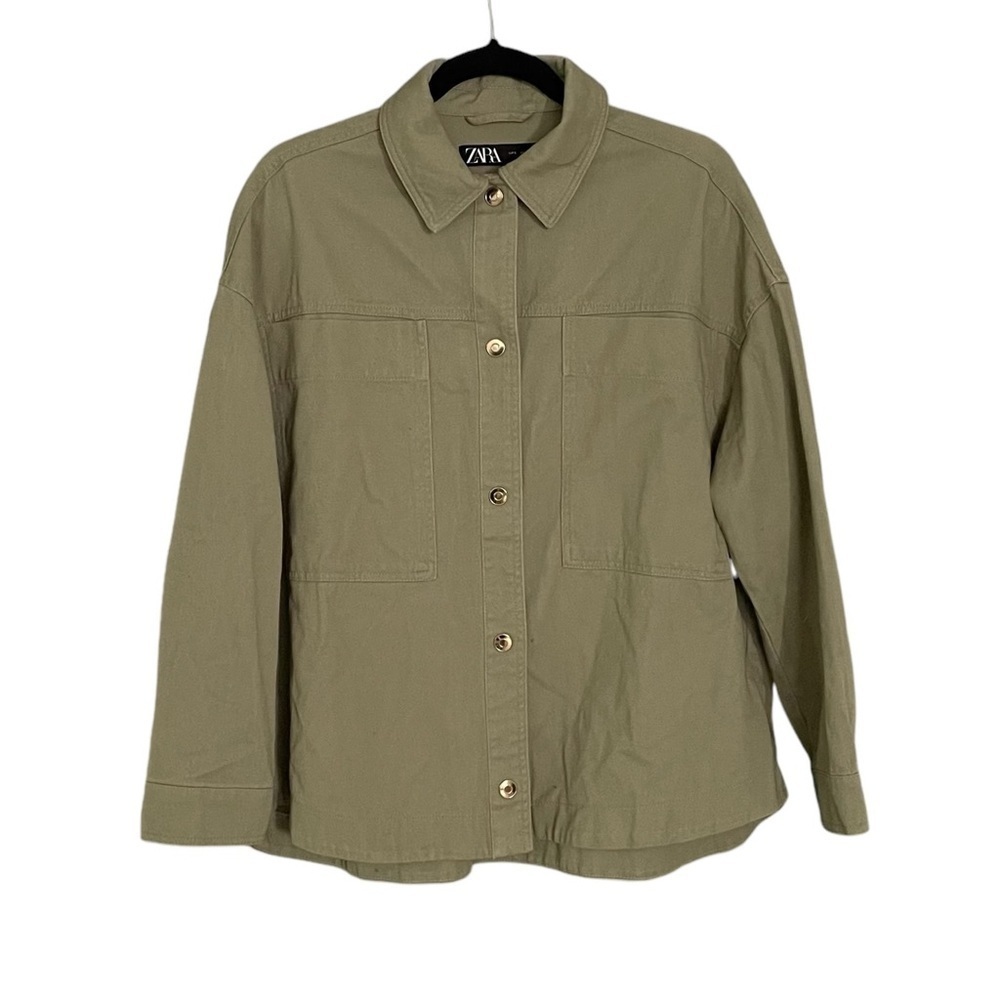 ZARA Cotton Oversized Button Front Long Sleeve Shirt Jacket Green S